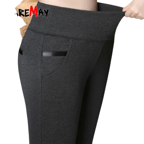 Women Winter Warm Velvet High Waist Elastic Stretch Straight Pants