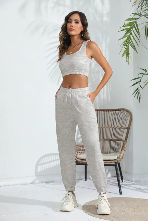 Women's Casual Cropped Tank Top and Pants Two-piece Outfit Set