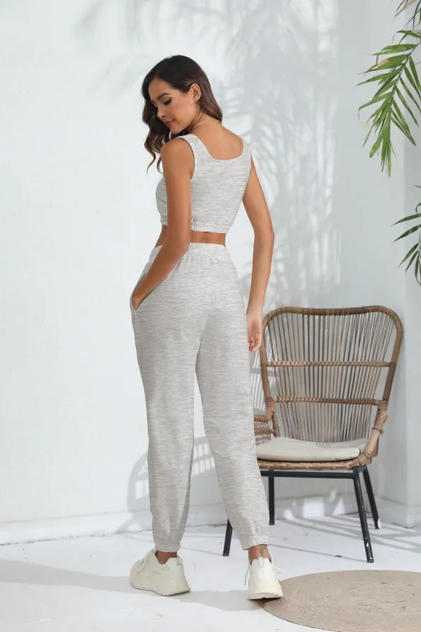 Women's Casual Cropped Tank Top and Pants Two-piece Outfit Set