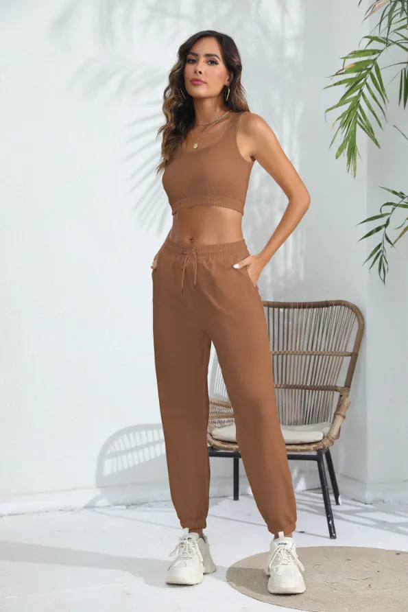 Women's Casual Cropped Tank Top and Pants Two-piece Outfit Set