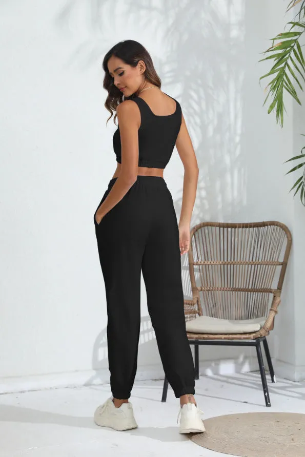 Women's Casual Cropped Tank Top and Pants Two-piece Outfit Set