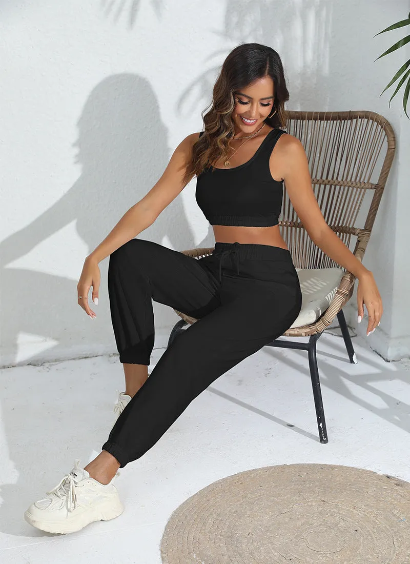 Women's Casual Cropped Tank Top and Pants Two-piece Outfit Set