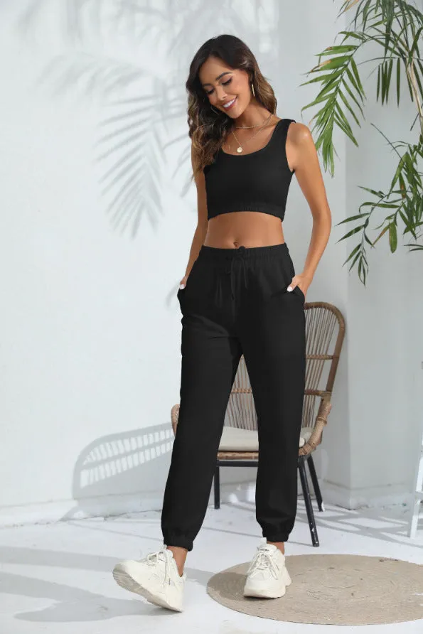 Women's Casual Cropped Tank Top and Pants Two-piece Outfit Set