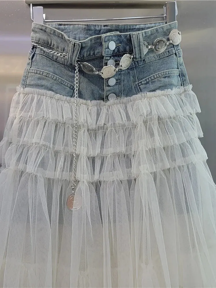 Women's Denim Skirt High Waist Patchwork Multi-layer Mesh A-line Skirt