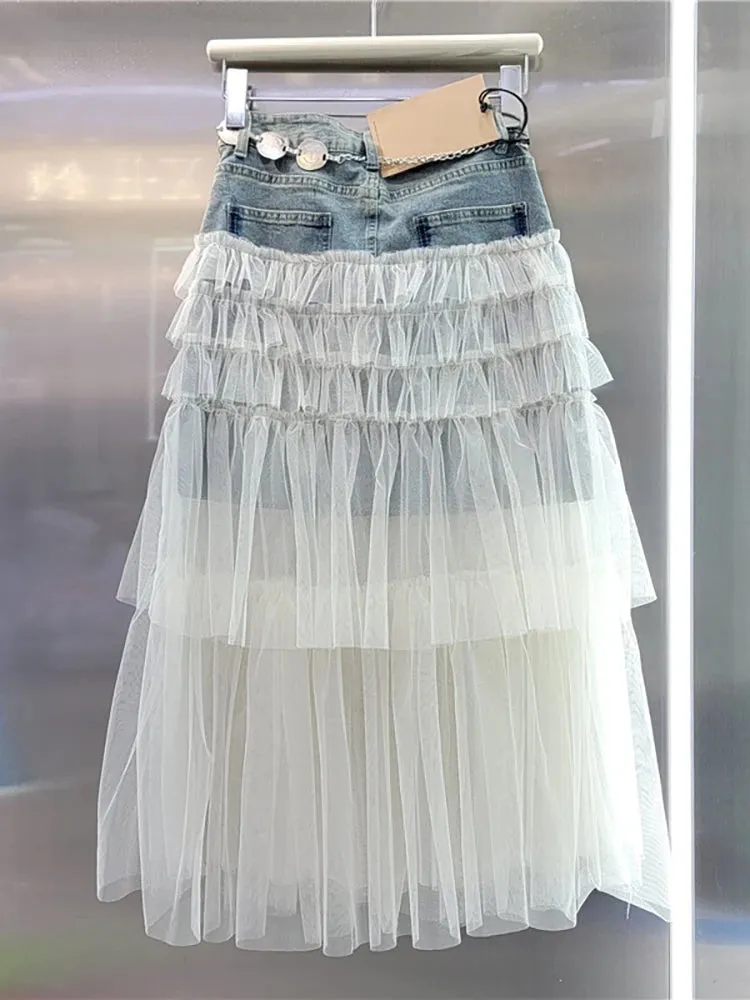 Women's Denim Skirt High Waist Patchwork Multi-layer Mesh A-line Skirt