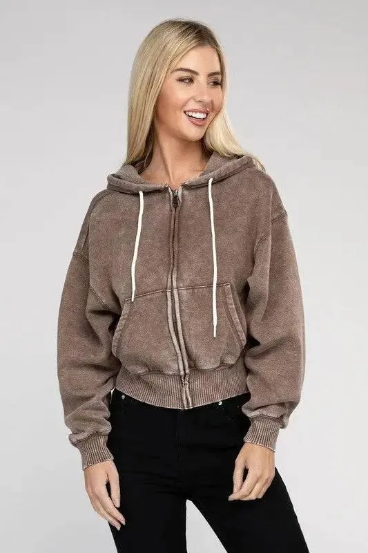 Zenana fleece cropped zip-up hoodie