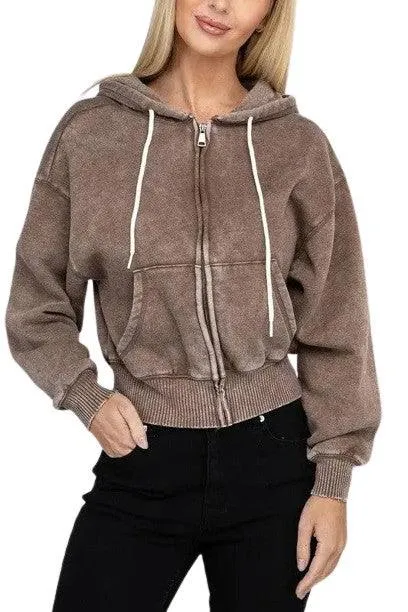 Zenana fleece cropped zip-up hoodie