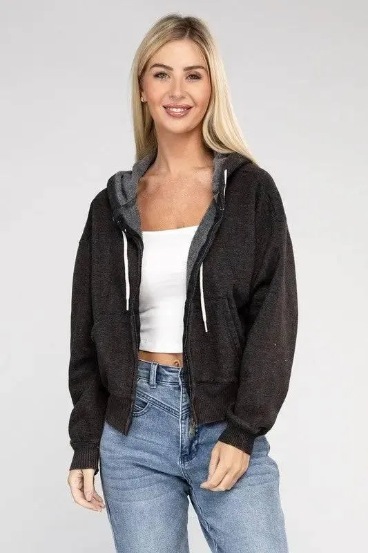 Zenana fleece cropped zip-up hoodie