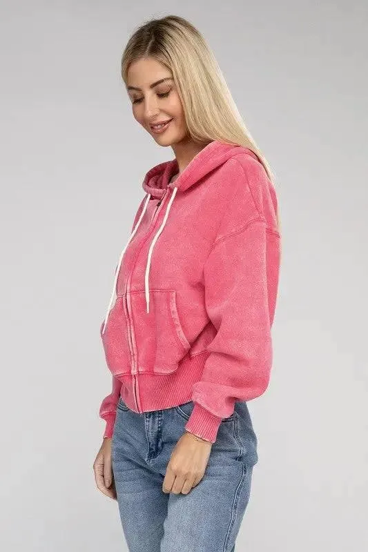 Zenana fleece cropped zip-up hoodie