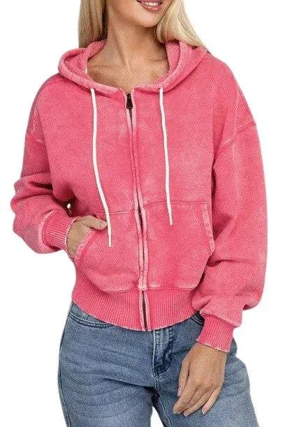 Zenana fleece cropped zip-up hoodie