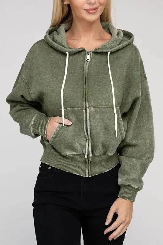 Zenana fleece cropped zip-up hoodie